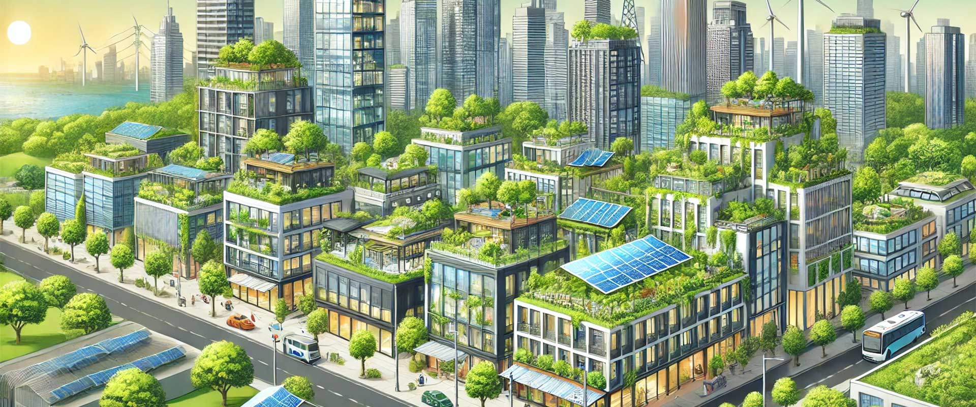 Byområde med grønne bygg for å illustrere bærekraftige bygg